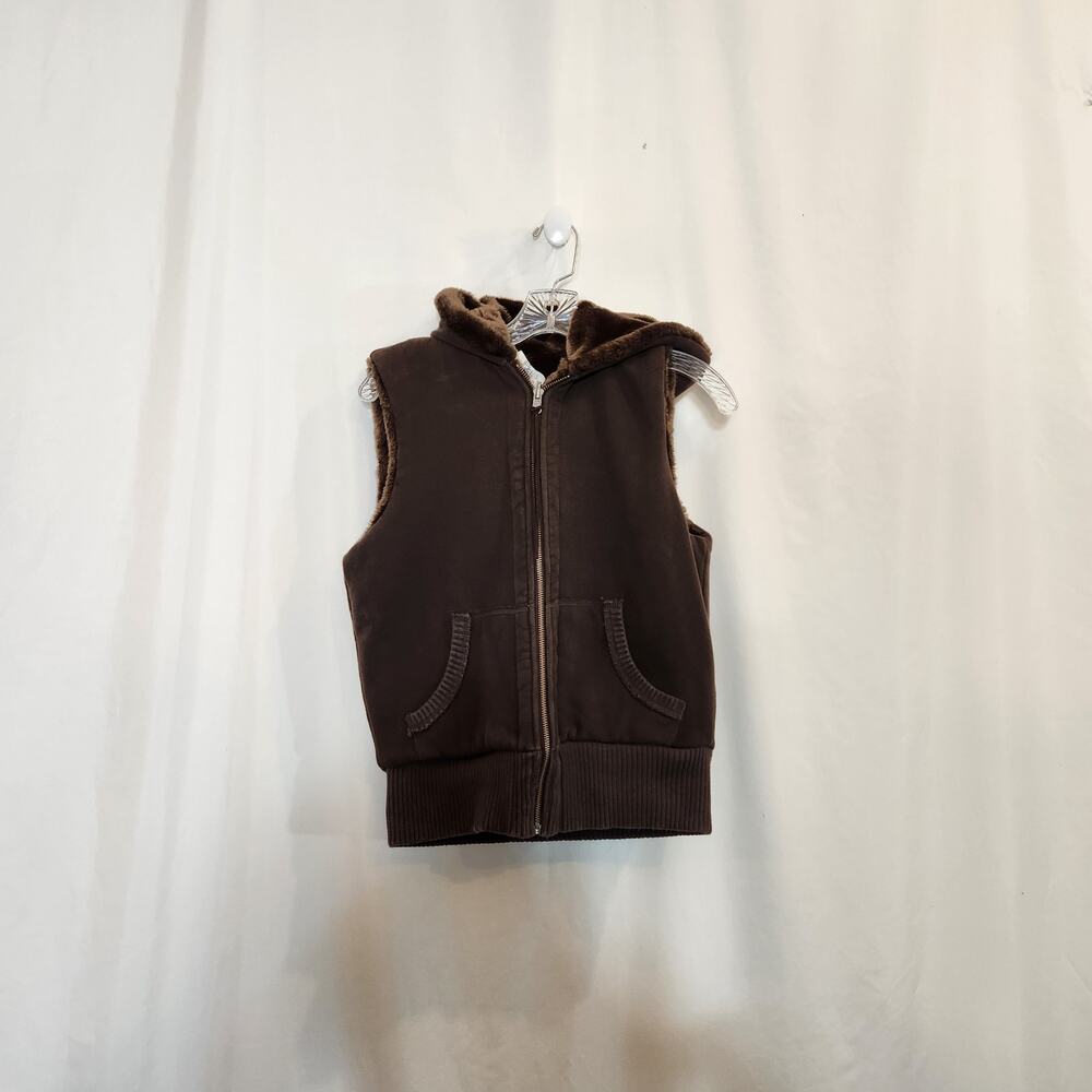 OLD NAVY Brown Reversible Faux Fur Hooded Vest‎ Tassel Womens Medium M FLAWED